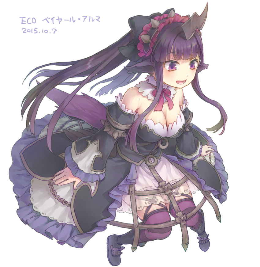 1girl, bare_shoulders, beyaert_alma, black_dress, boots, breasts, character_name, cleavage, dated, dress, emil_chronicle_online, frilled_dress, frilled_hairband, frills, hairband, highres, horns, horse_girl, large_breasts, long_hair, miya8111, open_mouth, purple_eyes, purple_hair, purple_thighhighs, striped_clothes, striped_thighhighs, thighhighs, white_background