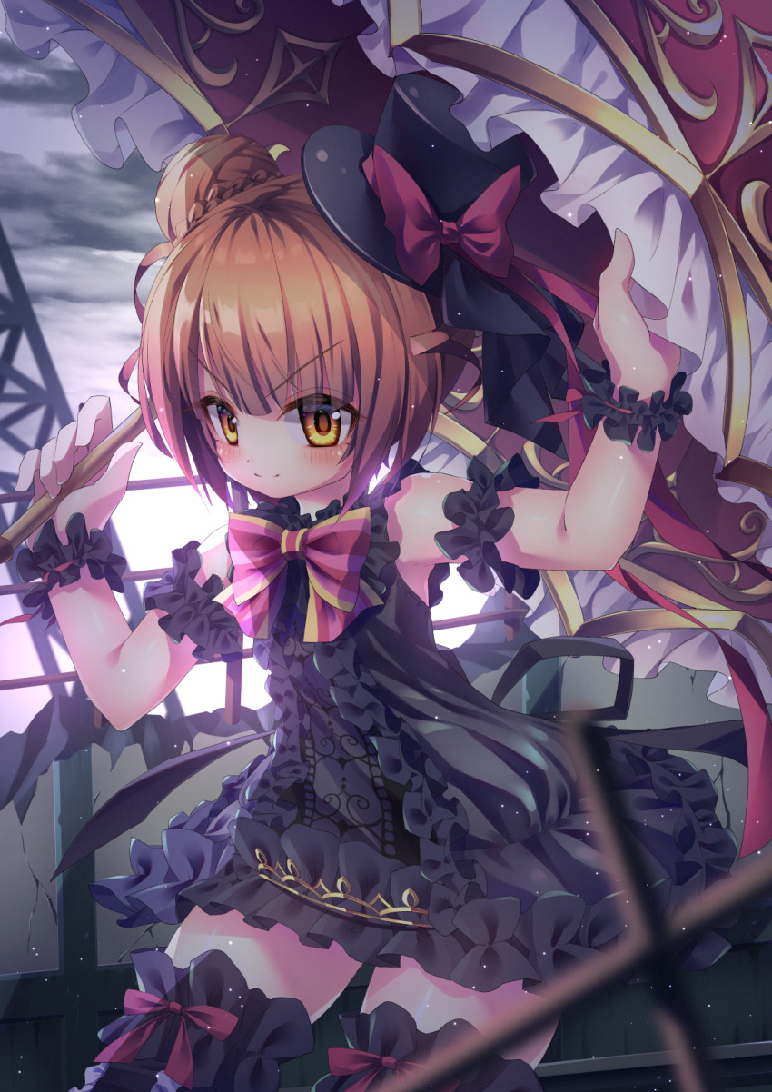 1girl, black_dress, black_hat, breasts, brown_eyes, brown_hair, dress, emil_chronicle_online, frilled_dress, frilled_skirt, frilled_thighhighs, frills, hair_bun, hat, highres, long_hair, skirt, small_breasts, thighhighs, umbrella, umbrella_alma, yupi828