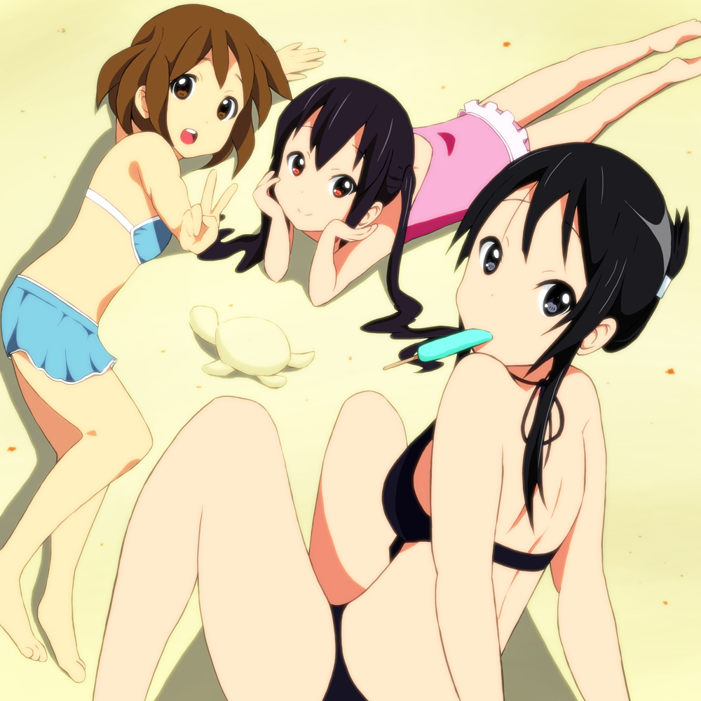 00s, 3girls, akiyama_mio, bad_anatomy, bad_id, bad_pixiv_id, bikini, black_bikini