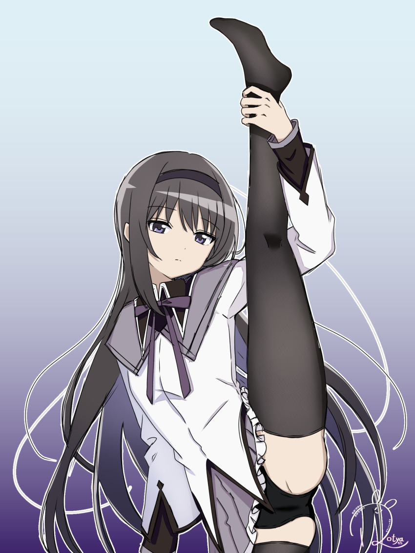1girl, akemi_homura, akemi_homura_(magical_girl), black_hair, black_hairband, black_panties, black_thighhighs, dotya45