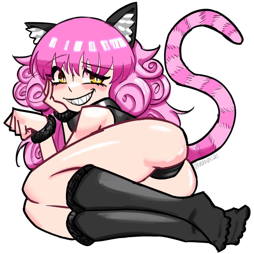 1girl, absurdres, animal_ear_fluff, animal_ears, arms_up, ass, bare_shoulders, black_choker, black_panties, black_shirt, black_socks, black_souls, black_wrist_cuffs, blush, cat_ears, cat_girl, cat_tail, cheshire_cat_(black_souls), choker, cocked_eyebrow, curly_hair, double_bun, eyelashes, feet, grin, hair_bun, hair_over_eyes, hand_on_own_face, highres, legs_together, long_hair, looking_at_viewer, lying, m8n8xide, multicolored_hair, on_side, panties, pink_hair, pink_tail, shirt, sidelocks, signature, simple_background, smile, socks, solo, striped_tail, tail, teeth, twitter_username, underwear, white_background, wrist_cuffs, yellow_eyes