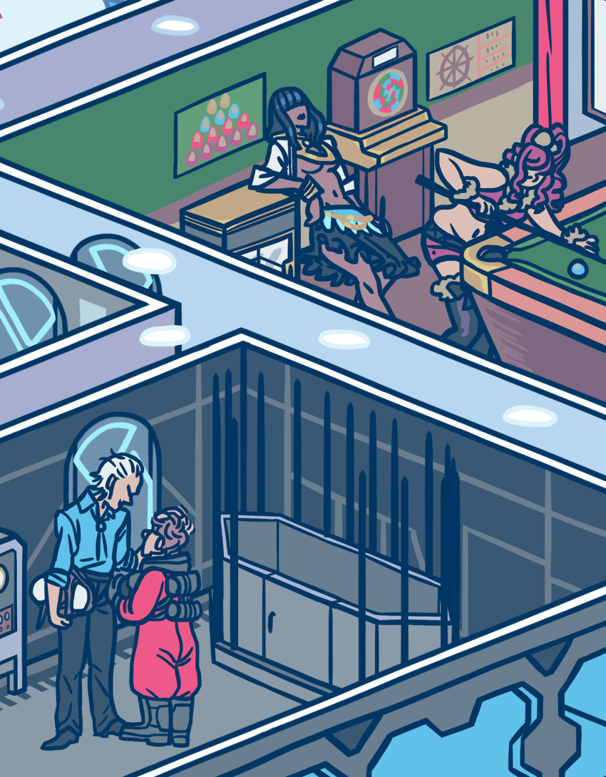 2boys, 2girls, alice_(kyokugen_dasshutsu), ball, billiard_ball, black_boots, black_hair, black_pants