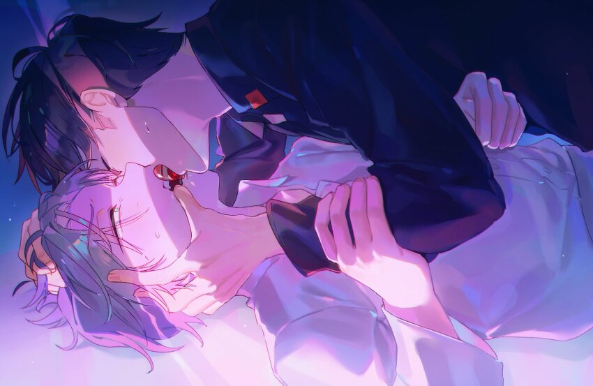 2boys, alien_stage, black_hair, black_shirt, closed_eyes, collared_shirt, commentary, green_eyes