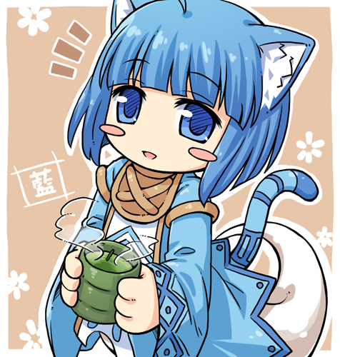 1girl, animal_ears, blue_eyes, blue_hair, blue_robe, cat_ears, cat_tail, character_name, cup, emil_chronicle_online, ghost, looking_at_viewer, lowres, mizuno_mumomo, nekomata, nekomata_ai, robe, tail, tea, yunomi