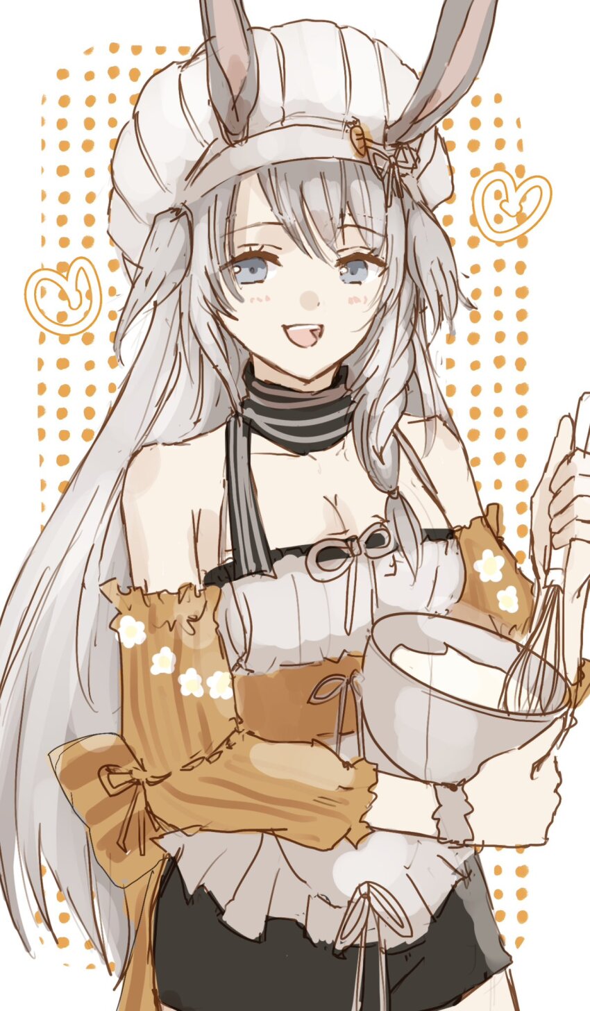 1girl, :d, animal_ears, arknights, bare_shoulders, black_shorts, bowl, breasts