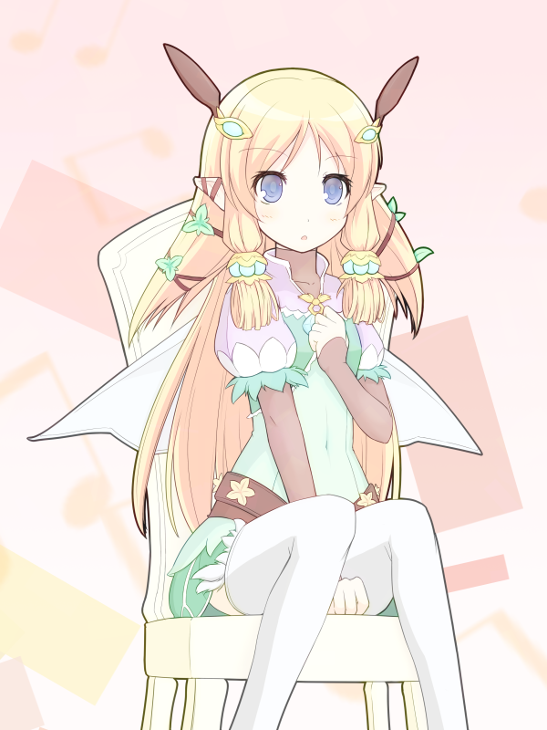 1girl, bad_id, bad_pixiv_id, blonde_hair, blue_eyes, blush, echigousagi, female_focus, hair_ornament, hair_tubes, leaf, long_hair, margaret_(rune_factory), open_mouth, pointy_ears, rune_factory, rune_factory_4, sitting, solo, thighhighs, white_thighhighs, wings