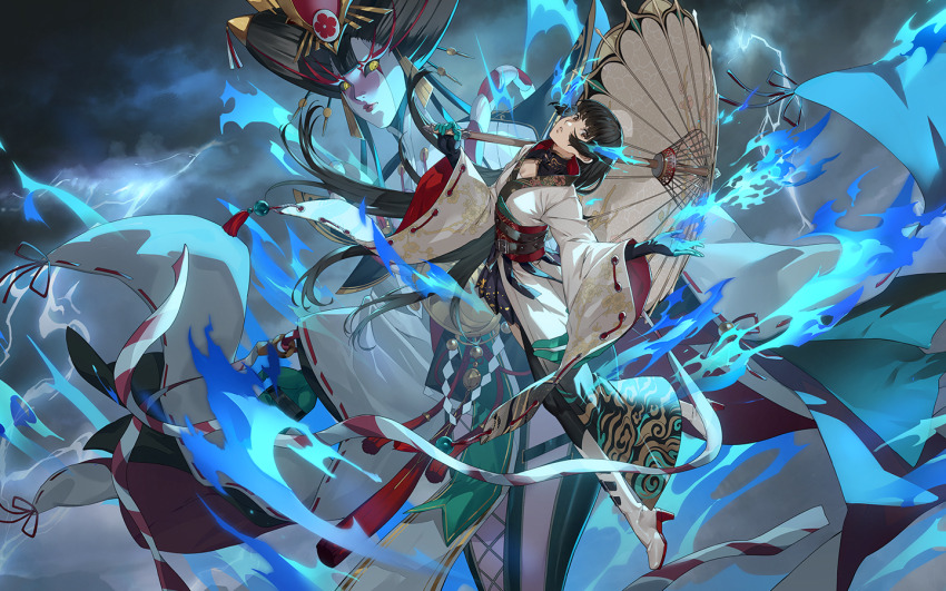 1girl, black_gloves, black_hair, blue_fire, brown_eyes, chiyome_(persona), closed_mouth, cloud, cloudy_sky, fire, floating_hair, gloves, holding, holding_umbrella, japanese_clothes, kimono, lightning, lips, long_hair, looking_at_viewer, obi, official_alternate_costume, official_art, oil-paper_umbrella, persona, persona_5, persona_5:_the_phantom_x, red_lips, sash, sky, tanemura_riko, third-party_source, umbrella, white_kimono, wide_sleeves, wind_(p5x), yellow_eyes