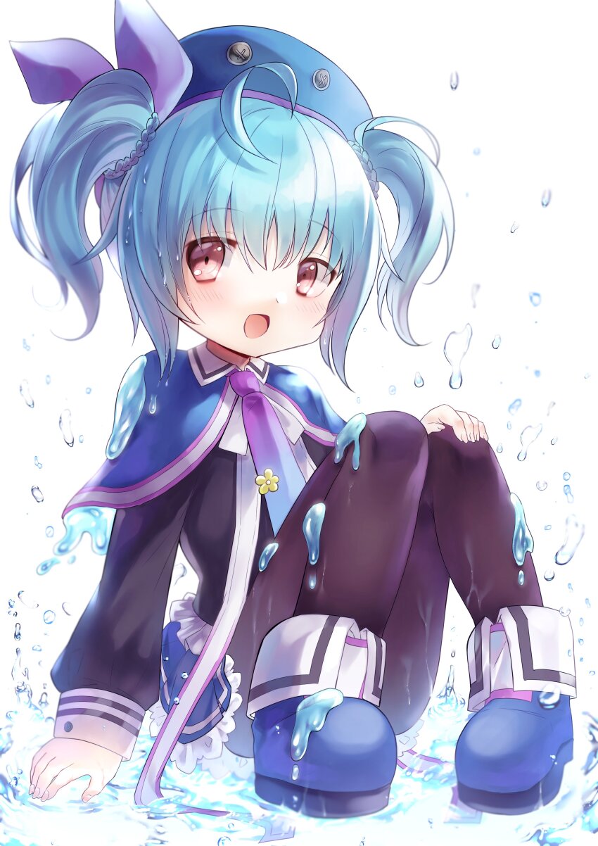 1girl, absurdres, ahoge, beret, blue_boots, blue_hair, blush, boots