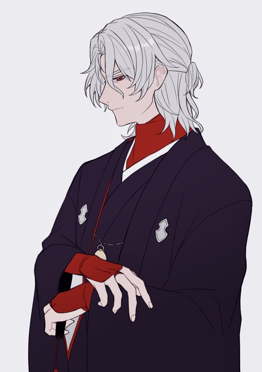 1boy, antonio_salieri_(fate), antonio_salieri_(over_the_same_sky)_(fate), black_kimono, bridal_gauntlets, closed_mouth, crossed_arms, fate/grand_order