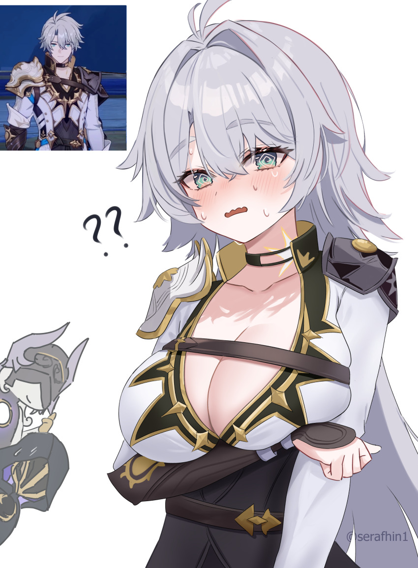 1girl, 2boys, ?, ??, @_@, absurdres, aqua_eyes, arm_under_breasts, armor, black_cloak, breasts, cleavage, cloak, coat, collared_coat, commentary, english_commentary, flame_reaver_of_the_deepest_dark, game_screenshot_inset, genderswap, genderswap_(mtf), grey_hair, hair_between_eyes, hair_intakes, highres, honkai:_star_rail, honkai_(series), hood, hood_up, hooded_cloak, large_breasts, long_hair, long_sleeves, looking_at_viewer, lygus_(honkai:_star_rail), multiple_boys, neck_tattoo, nervous_sweating, open_mouth, pauldrons, phainon_(honkai:_star_rail), reference_inset, robot, serafhin, shoulder_armor, simple_background, single_pauldron, solo_focus, sweat, sweatdrop, tattoo, twitter_username, upper_body, very_long_hair, wavy_mouth, white_background, white_coat