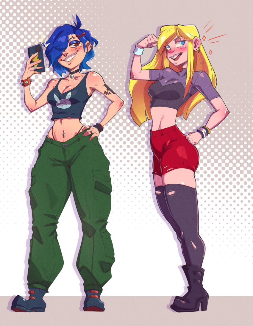 2girls, absurdres, black_tank_top, blonde_hair, blue_eyes, blue_hair, boots, cartoon_network