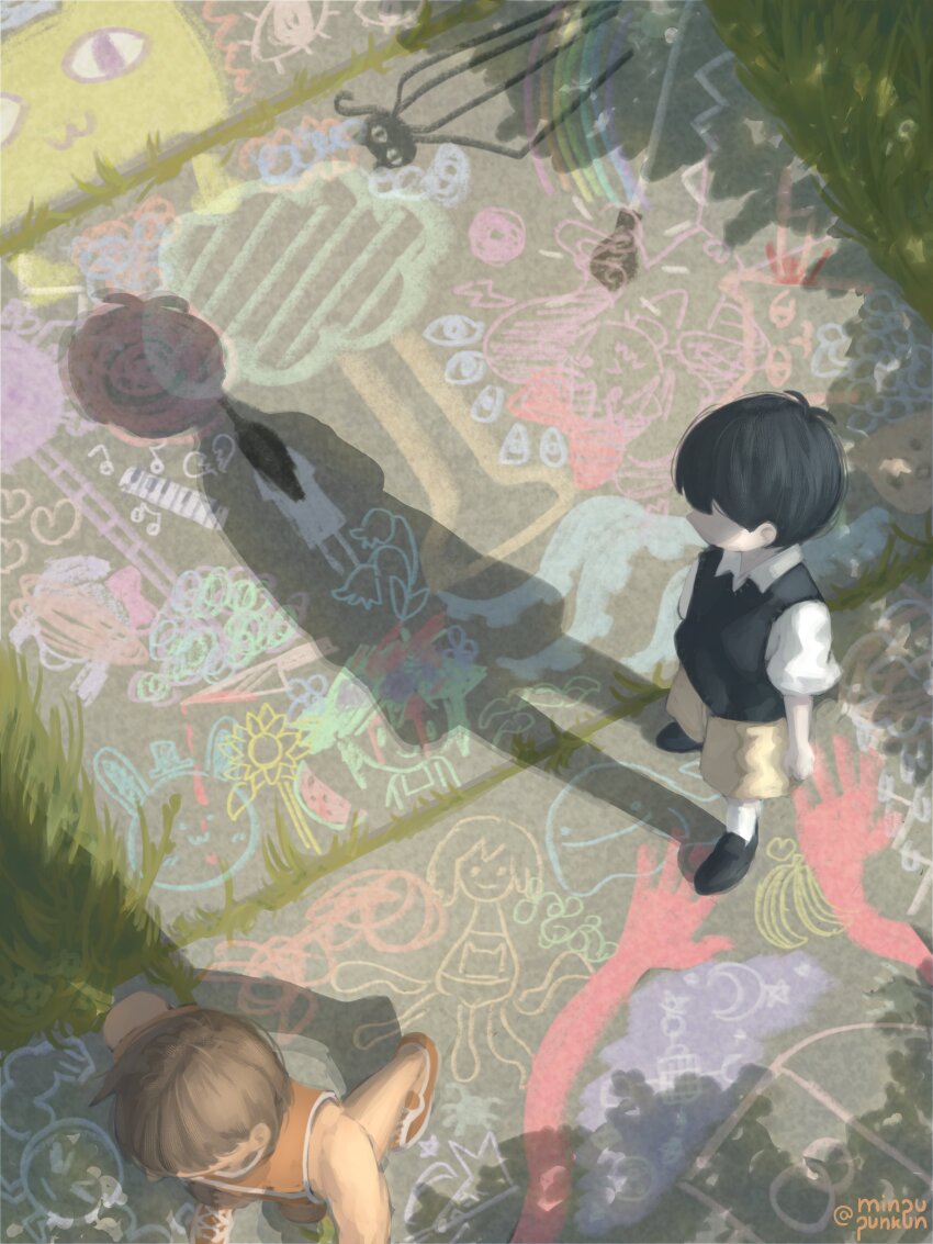 2boys, absurdres, antenna_hair, basil_(headspace)_(omori), basil_(omori), big_yellow_cat_(omori), black_hair, black_shoes