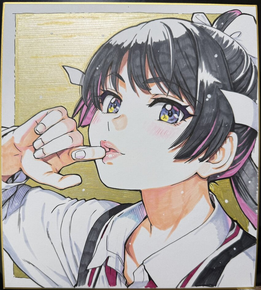 1girl, arm_up, black_hair, blue_eyes, blush, colorized, eyebrows_hidden_by_hair, finger_to_mouth