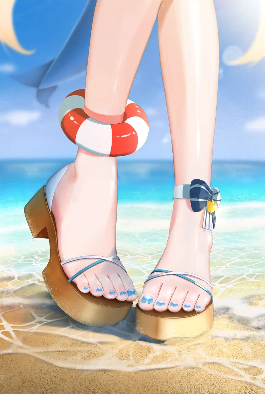 1girl, absurdres, blonde_hair, blue_nails, blue_sky, day, feet, feet_only, fins, fish_tail, foot_focus, highres, indie_virtual_youtuber, lifebuoy_ornament, long_hair, luke_s_(artist), nail_polish, ocean, outdoors, sameko_saba, sandals, sky, solo, tail, toenail_polish, toenails, toes, virtual_youtuber
