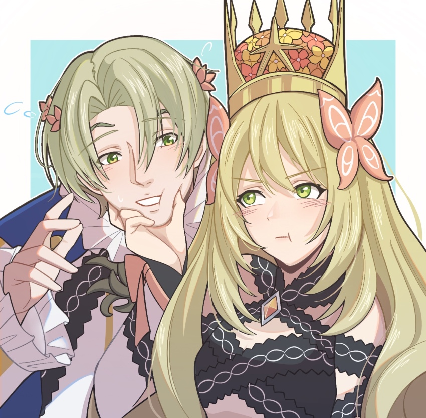 1boy, 1girl, :t, alfred_(fire_emblem), blonde_hair, blush, brother_and_sister, butterfly_hair_ornament