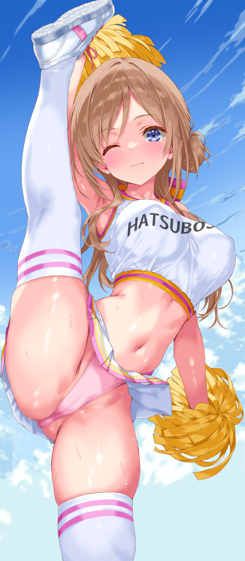 1girl, ;), absurdres, breasts, brown_hair, cheerleader, clothes_writing, commentary_request