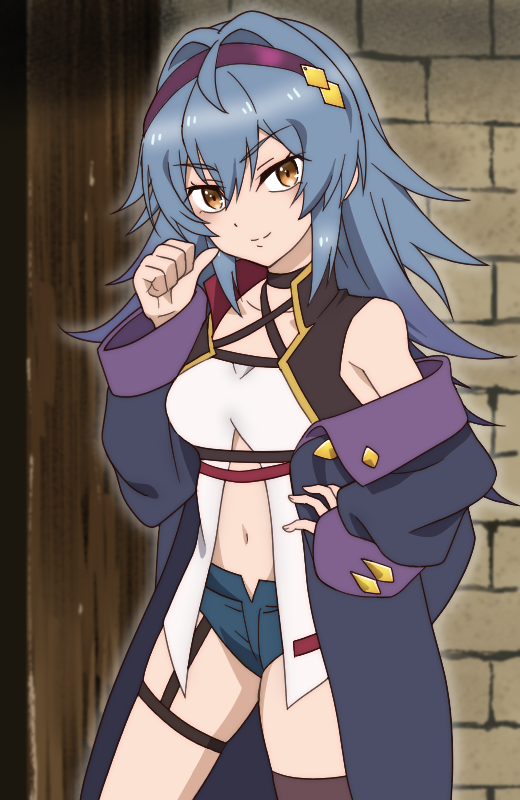 1girl, blue_hair, breasts, brown_eyes, brown_thighhighs, closed_mouth, eyebrows_hidden_by_hair, hair_between_eyes, hair_intakes, hairband, hand_on_own_hip, jacket, katainaka_no_ossan_kensei_ni_naru, long_hair, looking_at_viewer, mewi_freya, navel, onomekaman, pointing, pointing_at_self, purple_hairband, purple_jacket, shirt, short_shorts, shorts, small_breasts, smile, solo, stomach, thigh_strap, thighhighs, white_shirt