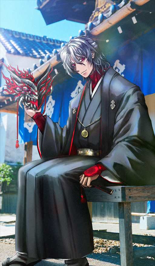 1boy, antonio_salieri_(fate), antonio_salieri_(over_the_same_sky)_(fate), architecture, black_kimono, blue_sky, closed_mouth, commentary_request, day, east_asian_architecture, fate/grand_order, fate_(series), folded_fan, folding_fan, full_body, game_cg, grey_hair, hair_between_eyes, hand_fan, holding, holding_fan, holding_mask, japanese_clothes, kimono, long_sleeves, looking_at_viewer, male_focus, mask, medium_hair, official_art, outdoors, pfalz, photo_background, red_eyes, sandals, sitting, sky, solo, tabi, tassel, third-party_source, turtleneck, unworn_mask, wide_sleeves, zouri
