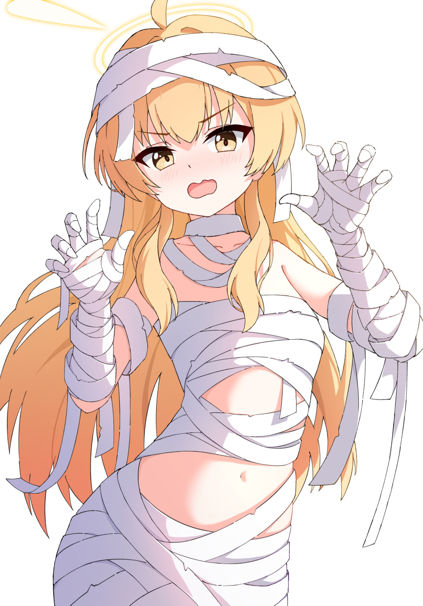 1girl, absurdres, ahoge, bandaged_arm, bandaged_chest, bandaged_hand, bandaged_head, bandaged_neck