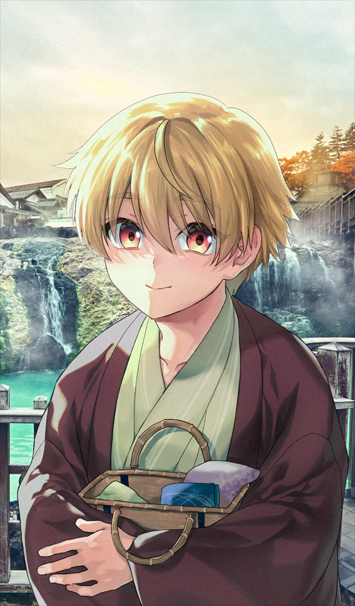 1boy, basket, blonde_hair, child, child_gilgamesh_(fate), child_gilgamesh_(over_the_same_sky)_(fate), closed_mouth, commentary_request, fate/grand_order, fate_(series), game_cg, gilgamesh_(fate), green_kimono, hair_between_eyes, holding, holding_basket, japanese_clothes, kimono, looking_at_viewer, male_focus, official_art, outdoors, red_eyes, short_hair, sky, smile, solo, tenkuu_sphere, third-party_source, upper_body