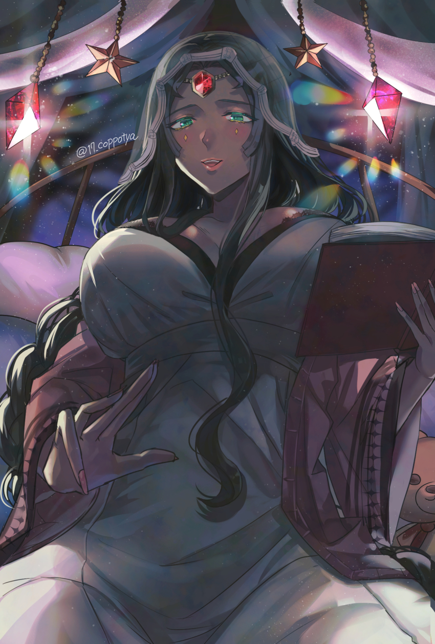 1girl, artist_name, black_hair, book, breasts, cleavage, commentary, copiki_017