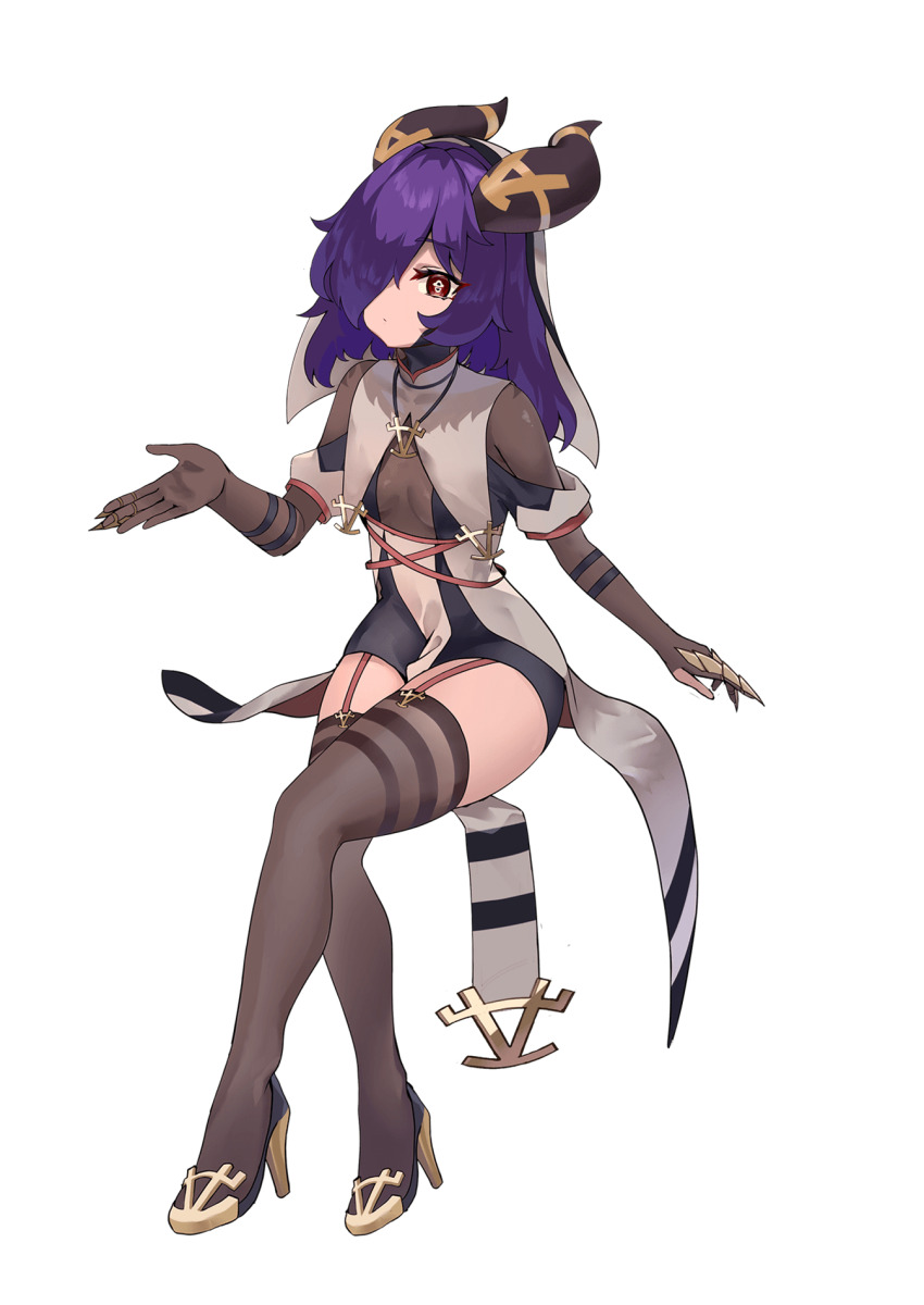 1girl, arm_strap, artist_request, black_horns, black_shoes, breast_curtains, breasts, closed_mouth, hair_over_one_eye, high_heels, highres, horns, jewelry, long_hair, necklace, nun, official_art, phyla_einrose, purple_hair, red_eyes, red_garter_straps, shoes, small_breasts, solo, symbol-shaped_pupils, thighhighs, vallure, veil, virtual_youtuber