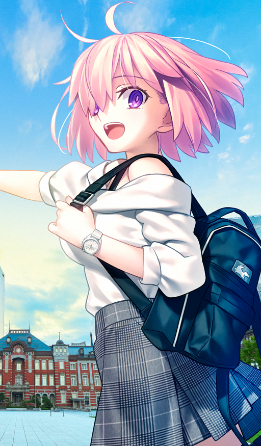1girl, :d, backpack, bag, black_bag, blue_sky, breasts, cloud