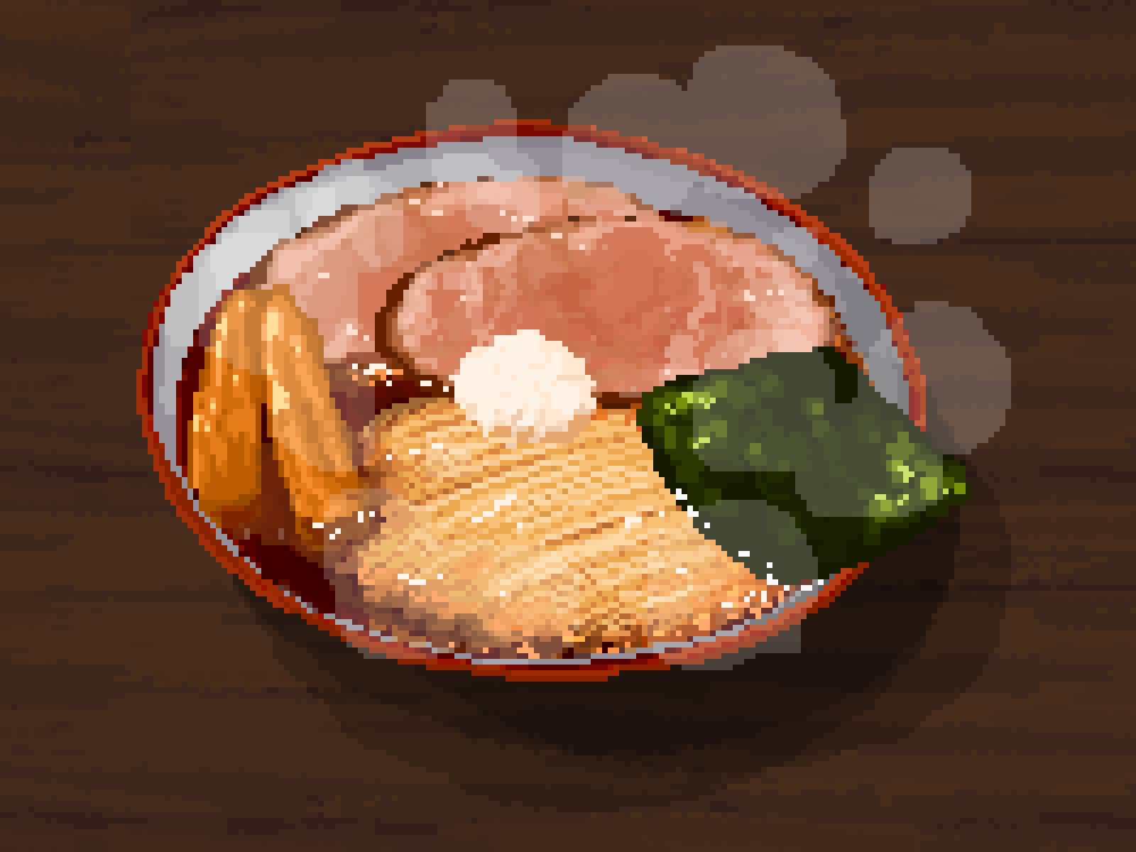 bean_sprout, bowl, food, grated_daikon, highres, hisachan55cute, jirou_(ramen), no_humans, noodles, on_table, original, pixel_art, ramen, scenery, seaweed, simple_background, soup, steaming_food, table, wooden_table