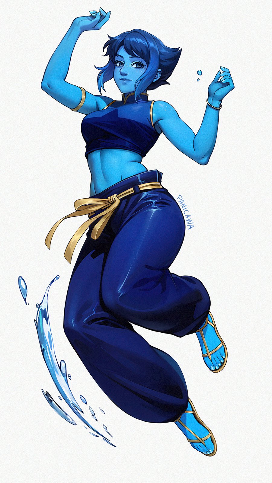 1girl, adelheid_(moschiola), artist_name, baggy_pants, blue_eyes, blue_hair, blue_pants, blue_shirt