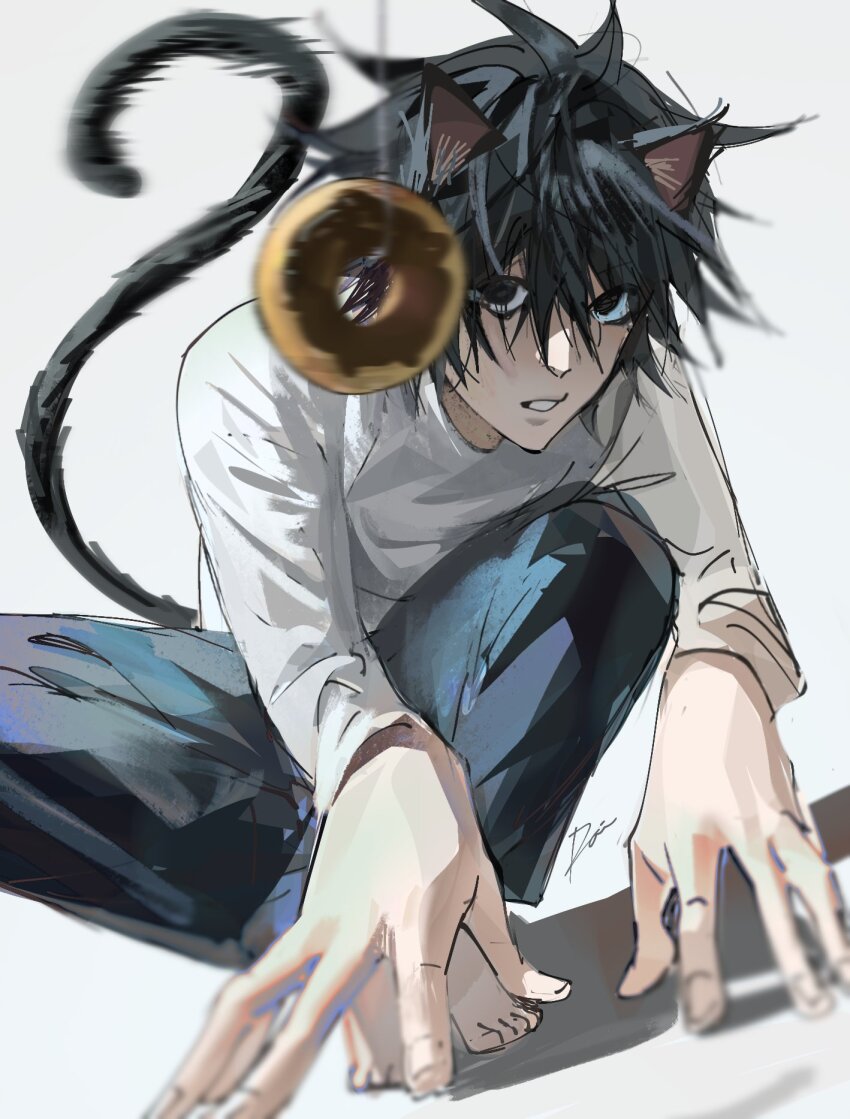 1boy, animal_ears, barefoot, black_eyes, black_hair, black_pants, cat_boy, cat_ears