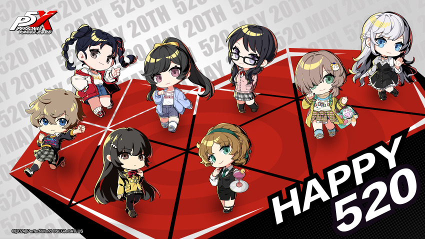 6+girls, arai_motoha, arm_up, artist_request, black-framed_eyewear, black_hair, blonde_hair, blue_eyes