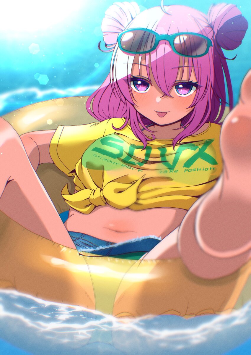 1girl, 5y_hk, barefoot, bemani, bikini, blurry, blurry_background, blurry_foreground, blush, breasts, commentary_request, day, depth_of_field, double_bun, eyewear_on_head, feet, foreshortening, grace_(sound_voltex), grace_(yumebuki)_(sound_voltex), hair_bun, heart, heart-shaped_eyewear, highres, innertube, looking_at_viewer, navel, outdoors, purple_eyes, shirt, smile, solo, sound_voltex, stomach, sunglasses, swim_ring, swimsuit, thighs, tongue, tongue_out, virtual_youtuber, water, wet, yellow_shirt