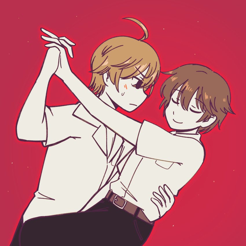 2boys, absurdres, antenna_hair, belt, blush, brown_hair, closed_eyes, highres, holding_hands, maditsu, mamiya_takuji, minakami_yukito, multiple_boys, red_background, school_uniform, smile, sweatdrop, tsui_no_sora, yaoi