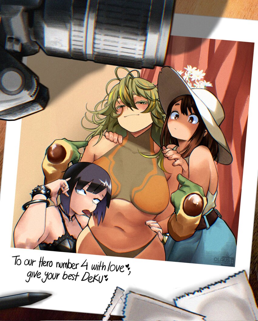 3girls, bikini, black_hair, boku_no_hero_academia, breasts, brown_eyes, brown_hair, camera, clauschristmas, closed_mouth, commentary, deku's_photo_of_hagakure_toru, english_commentary, gloves, green_bikini, green_eyes, green_gloves, green_hair, hagakure_toru, hat, highres, jiro_kyoka, large_breasts, long_hair, looking_at_viewer, multiple_girls, navel, photo_(object), pointing, pointing_at_self, spiked_wristband, sun_hat, swimsuit, tongue, tongue_out, uraraka_ochako, white_hat