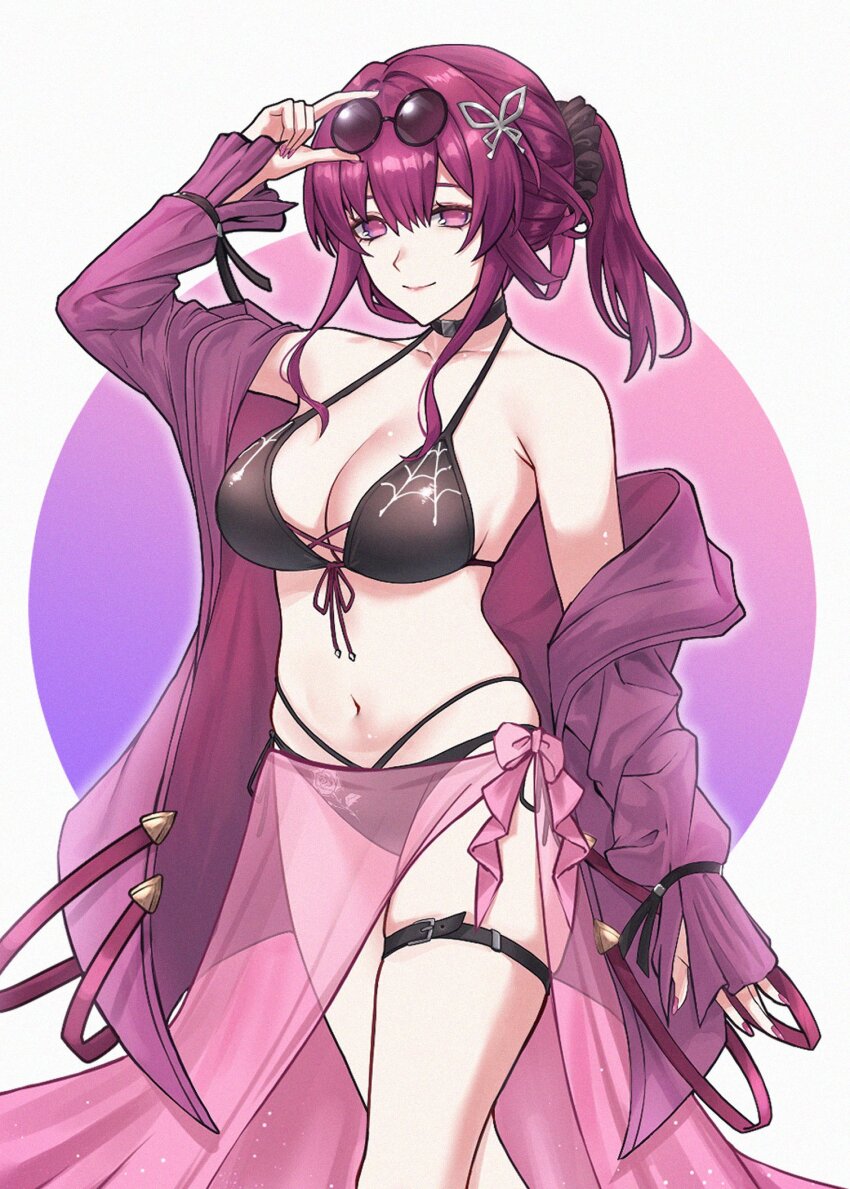 1girl, alternate_costume, belt, bikini, black_bikini, breasts, cleavage, coat