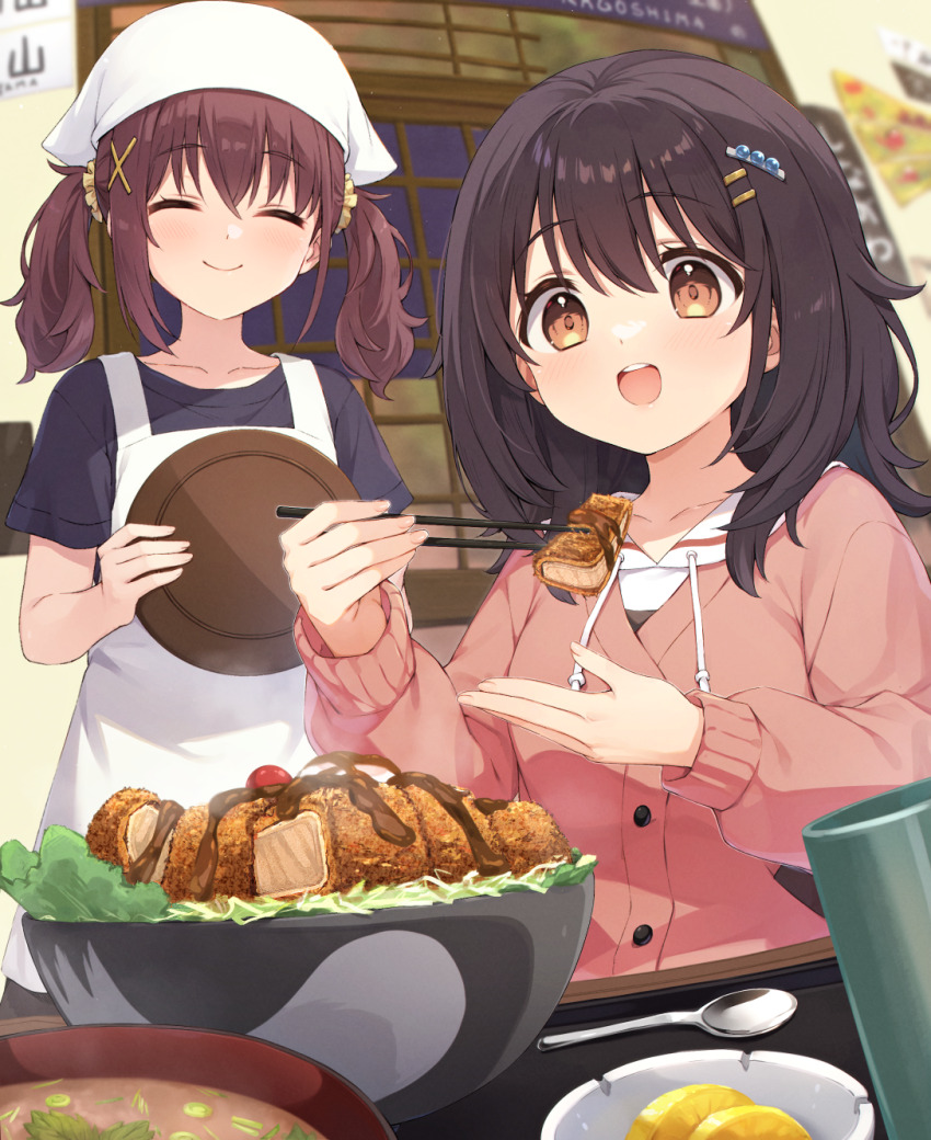 2girls, apron, black_hair, blue_shirt, brown_eyes, brown_hair, buttons, cardigan