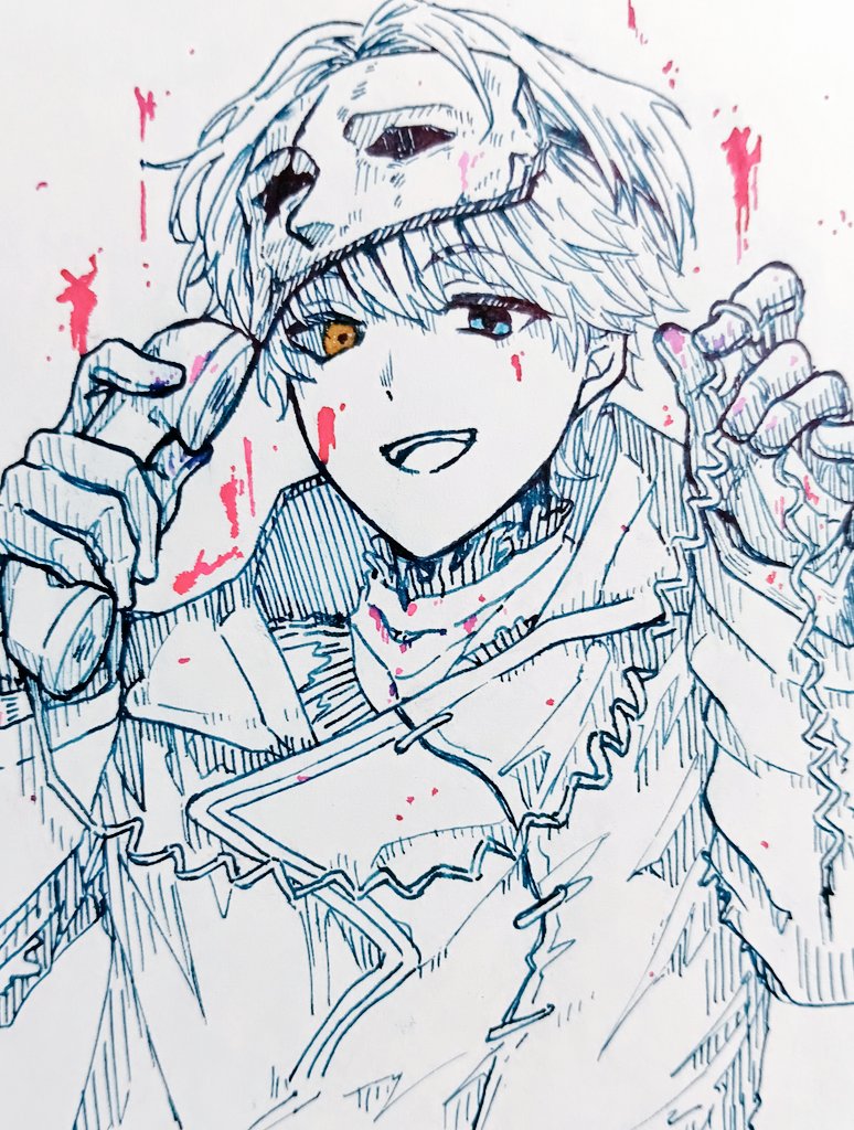 1boy, :d, blood, blood_on_face, blue_eyes, coat, corded_phone, gloves