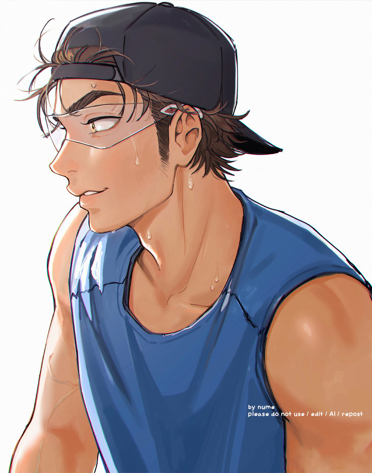 1boy, ace_of_diamond, alternate_costume, alternate_skin_color, artist_name, backwards_hat, baseball_cap, black_hat