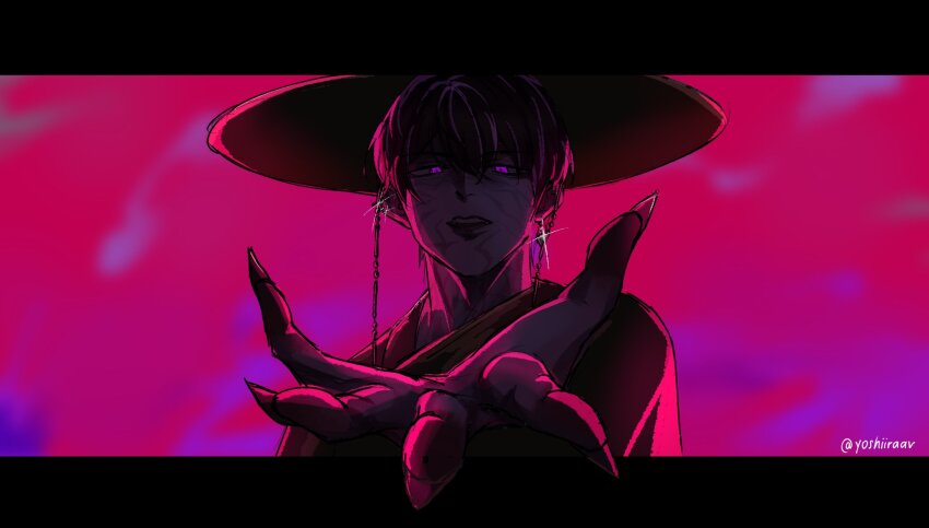 1boy, black_hanbok, cosplay, demon_boy, earrings, fingernails, gat_(hat), gatkkeun