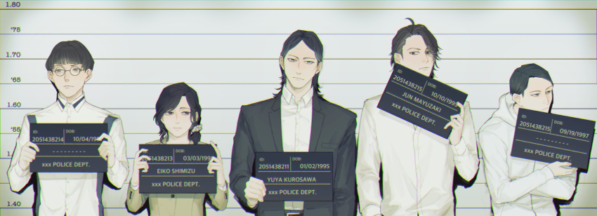 1girl, 4boys, against_wall, black_eyes, black_hair, black_jacket, blazer, blunt_bangs, bob_cut, character_name, closed_mouth, collared_shirt, commentary_request, glasses, height_chart, height_mark, highres, holding, holding_sign, hood, hood_down, hooded_jacket, jacket, kurosawa_yuya, lineup, long_sleeves, looking_at_viewer, looking_to_the_side, low_ponytail, mayusaki_jun, mugshot, multiple_boys, nameplate, nono_(n0n0n0n0n_0), ponytail, round_eyewear, shimizu_eiko, shirt, short_hair, sign, spoilers, tanihara_kinoko, toshi_densetsu_kaitai_center, upper_body, white_jacket, white_shirt, yamada_gasmask