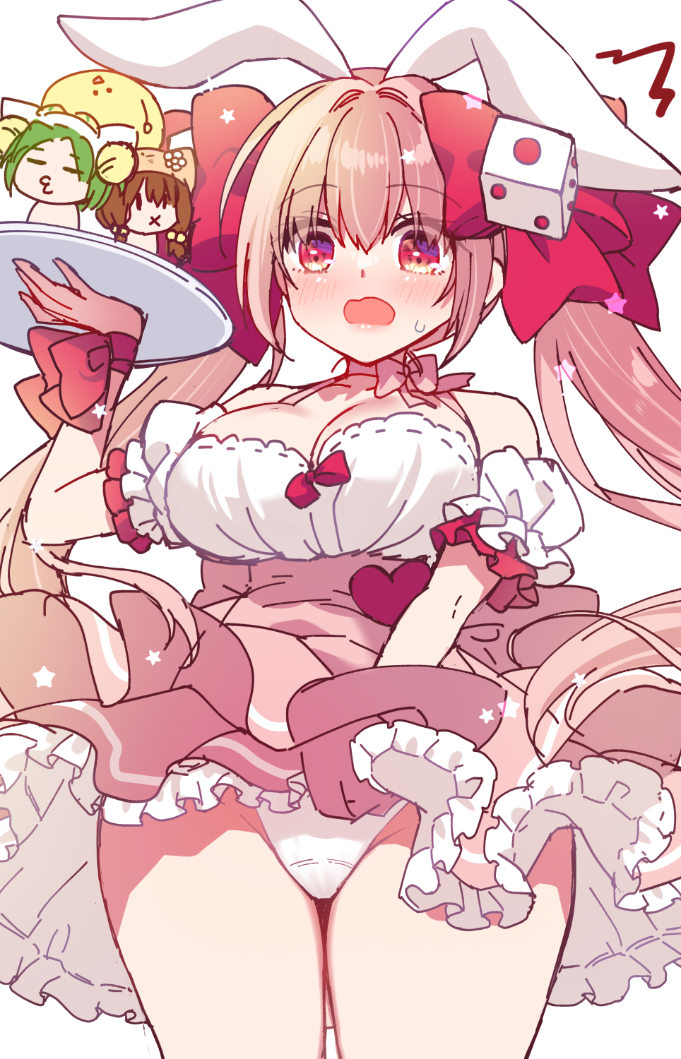 animal_ears, blush, bow, breasts, character_doll, cleavage, commentary, dejiko