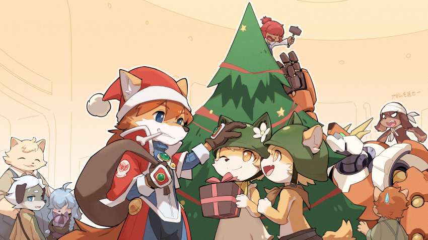 3girls, 6+boys, animal_ears, blush, bone_in_mouth, boron_brioche, box, britz_strudel