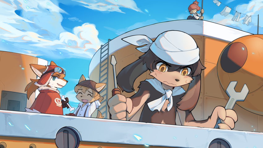 1girl, 3boys, aircraft, airship, animal_ears, bandana, blue_sky, blush