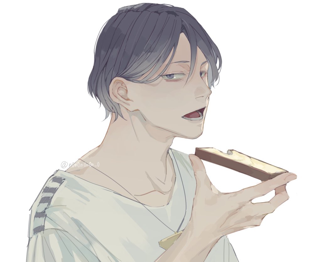 1boy, blue_eyes, blue_hair, bread, bread_slice, butter, commentary_request, eating