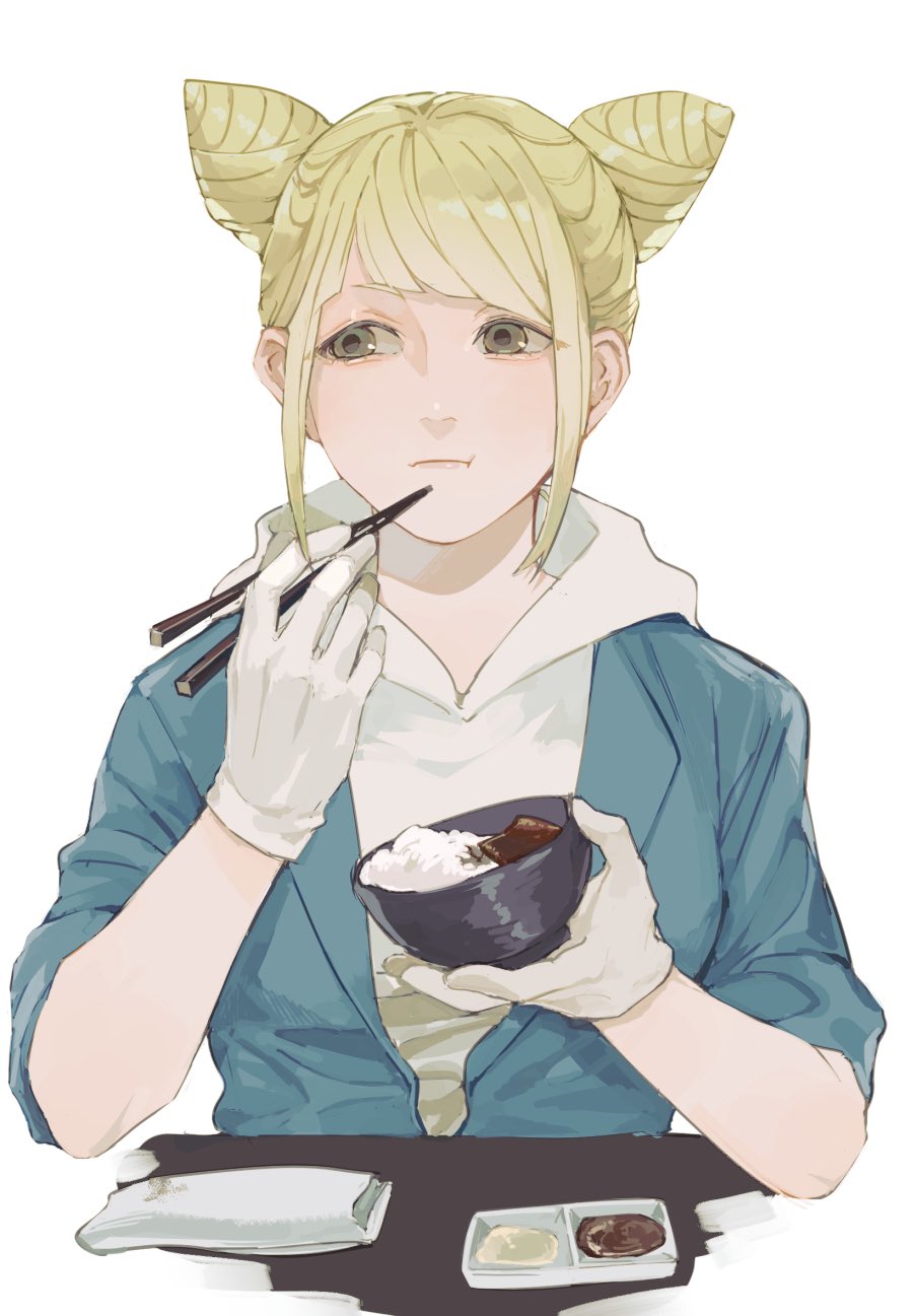1girl, blonde_hair, bowl, chopsticks, closed_mouth, commentary_request, cone_hair_bun, double_bun