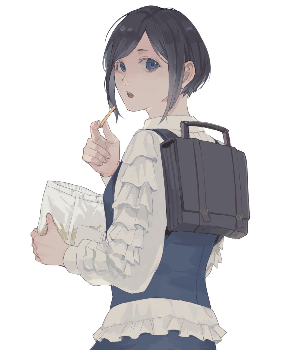 1girl, :o, backpack, bag, blue_eyes, blue_hair, collared_shirt, commentary_request
