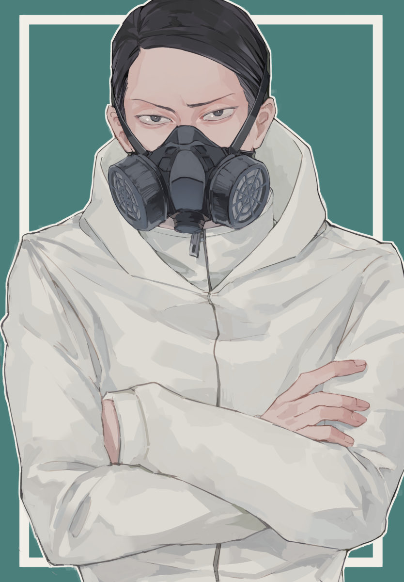 1boy, black_eyes, black_hair, closed_mouth, commentary_request, crossed_arms, furrowed_brow, highres