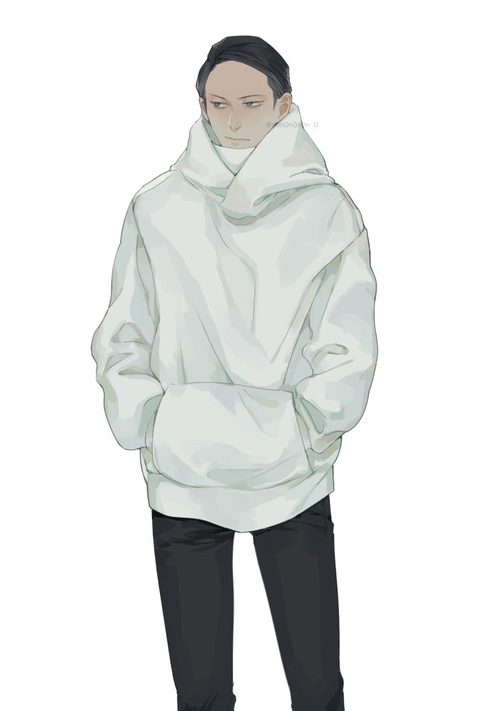 1boy, black_hair, black_pants, closed_mouth, commentary_request, feet_out_of_frame, hands_in_pockets, hood