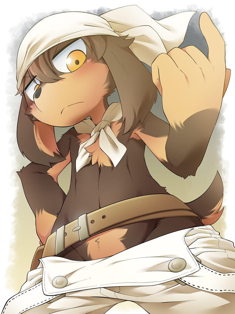 1boy, animal_ears, bandana, blush, closed_mouth, commentary_request, dog_boy, dog_ears, dog_tail, from_below, furry, furry_male, hand_on_own_hip, highres, jin_macchiato, ko-gami, little_tail_bronx, looking_at_viewer, male_focus, senjou_no_fuuga, shota, tail, topless_male