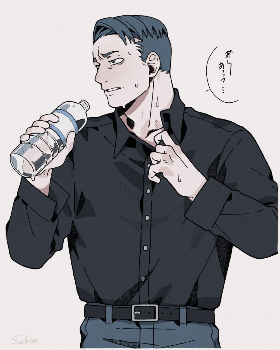 1boy, belt, black_belt, black_shirt, blue_hair, blue_pants, bottle, collared_shirt